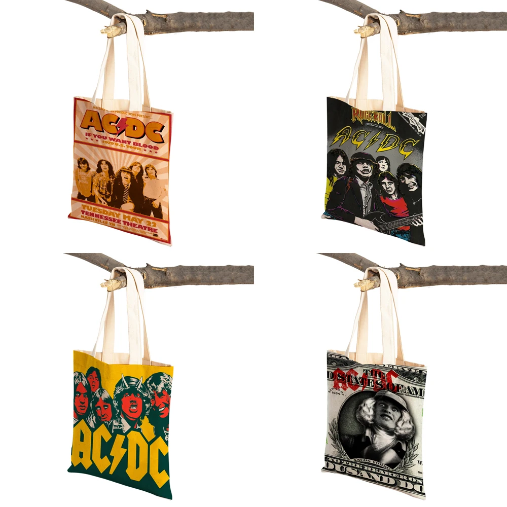 Canvas Women Shopper Bag AC DC Band Art Lady Shopping Bags Classic Rock Team Reusable Foldable Eco Cartoon Travel Tote Handbag