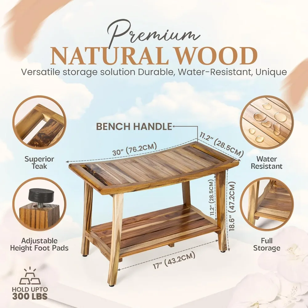 مقعد استحمام أنيق من خشب الساج مع رف مدمج ومقابض سهلة الإمساك