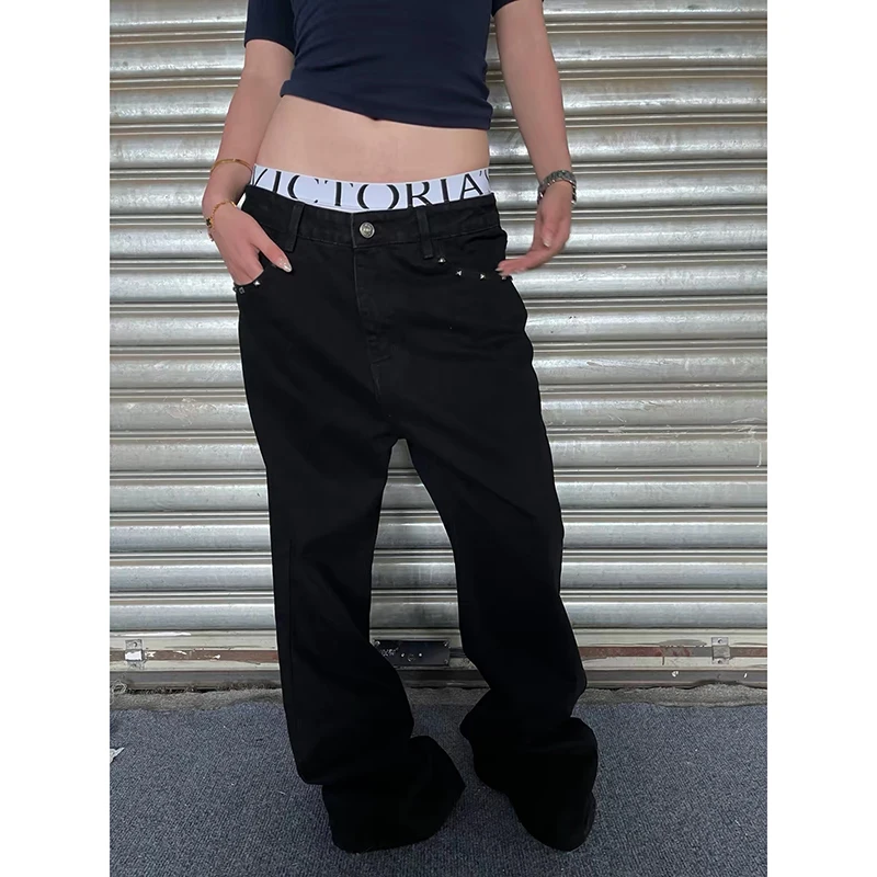 YIBASHU Women Black Rivet Gothic Jeans Y2K Japanese Harajuku Streetwear 2000s Vintage Flare Denim Pants Jeans Clothes 2026 New