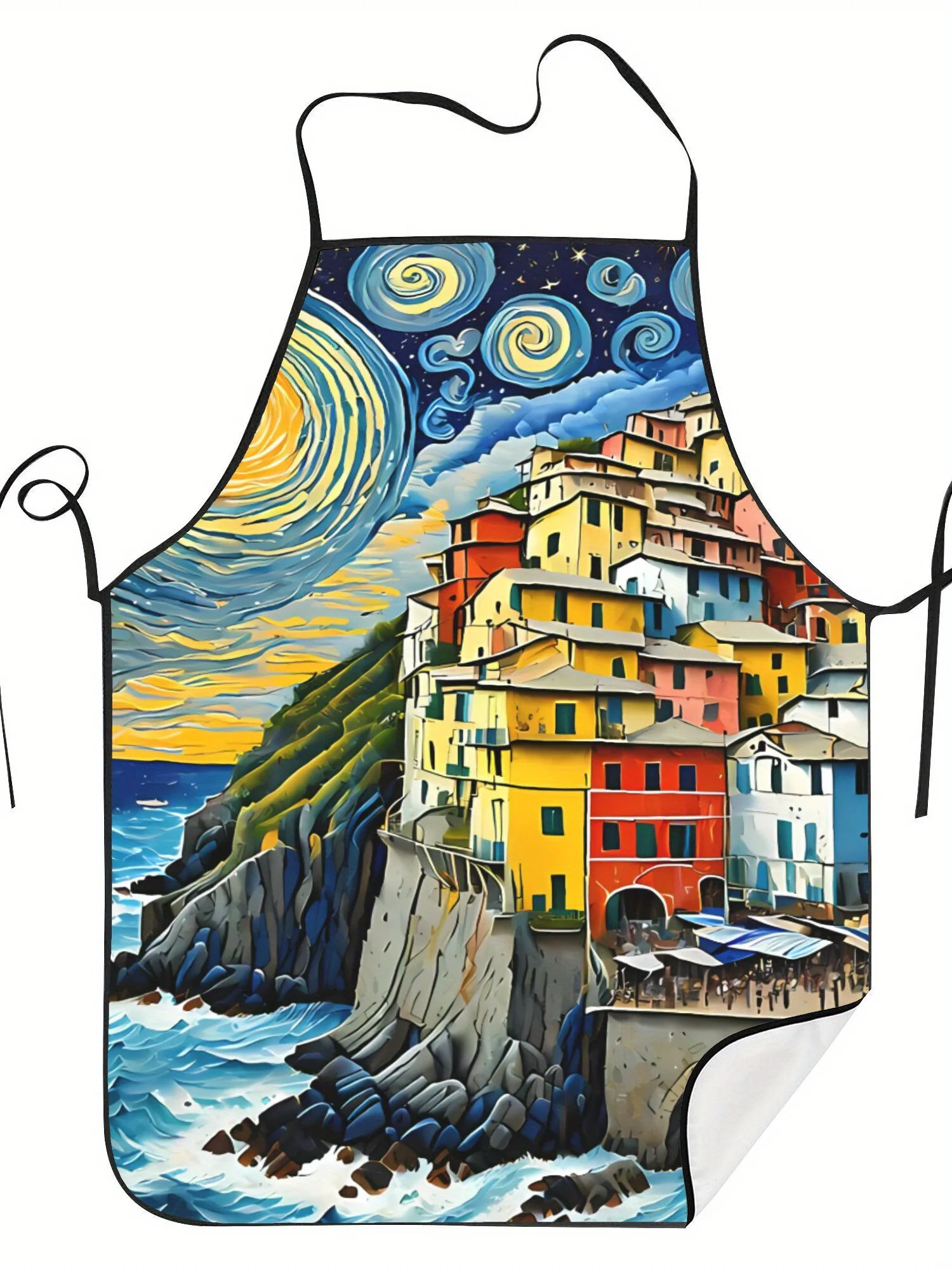 Colorful Coastal Village Apron, Impressionist Style Seaside Town Graphic Cooking Bib, Artistic Kitchen Decor, Gift for Her