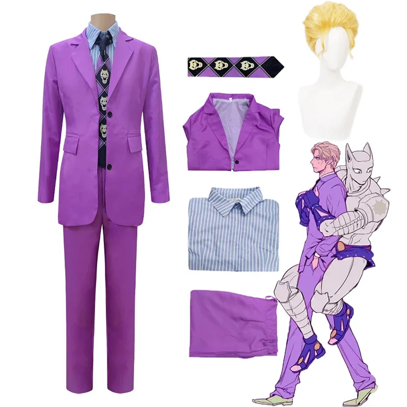 Disfraz de Anime Kira Yoshikage para hombres, traje de camisa púrpura, pantalones, peluca amarilla rizada, fiesta de Halloween Disfraces de, pelucas de Cosplay de Anime