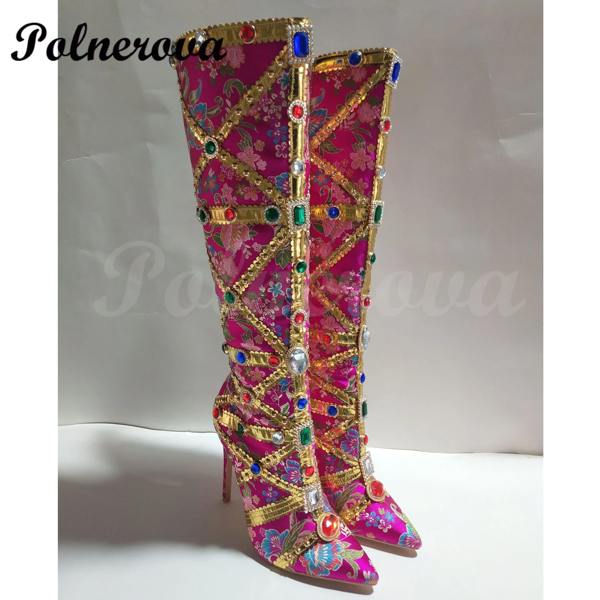 

Colorful Rhinestone Embroidered Boots Women's New Pointed Toe Stiletto Super High Heel Side Zipper Handmade Plus Size Boots