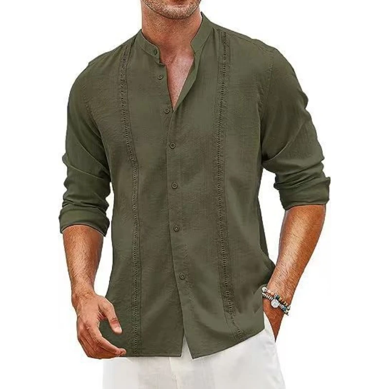 2024 Spring/Summer Men\'s casual Cuban-style Stand-up collar Lace button Linen shirt Summer beach resort shirt