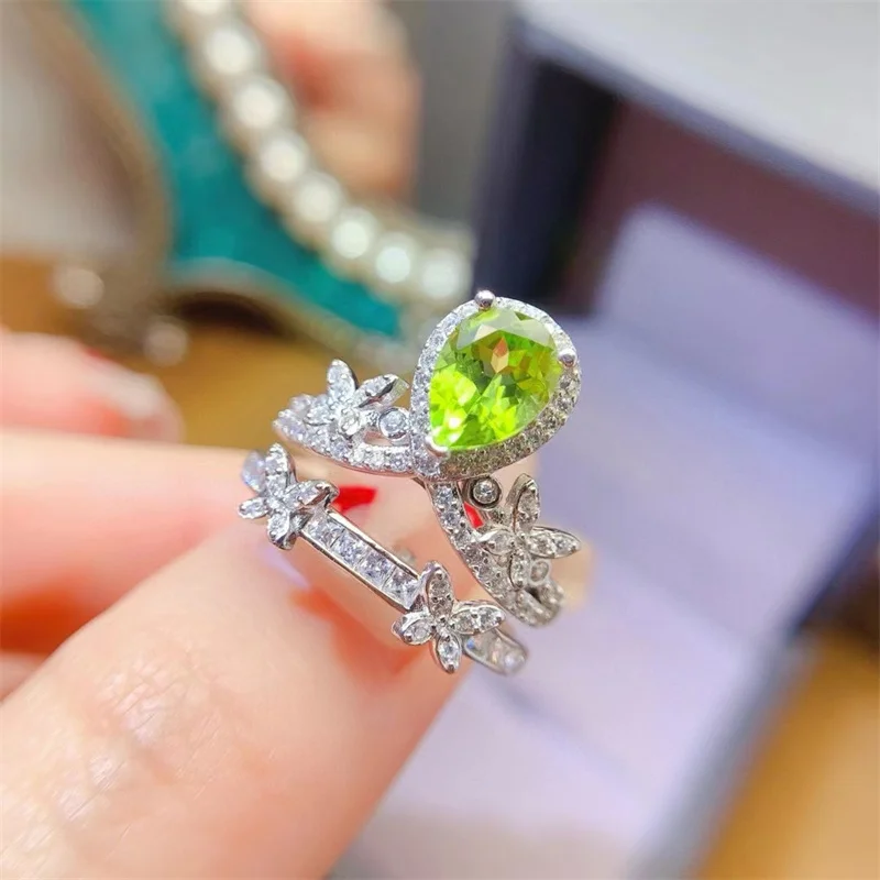 

Natural Peridot Ring 925 Sterling Silver Wedding Ring for Women Two-wear Style Ring Jewelry Lady Gift with Certificate