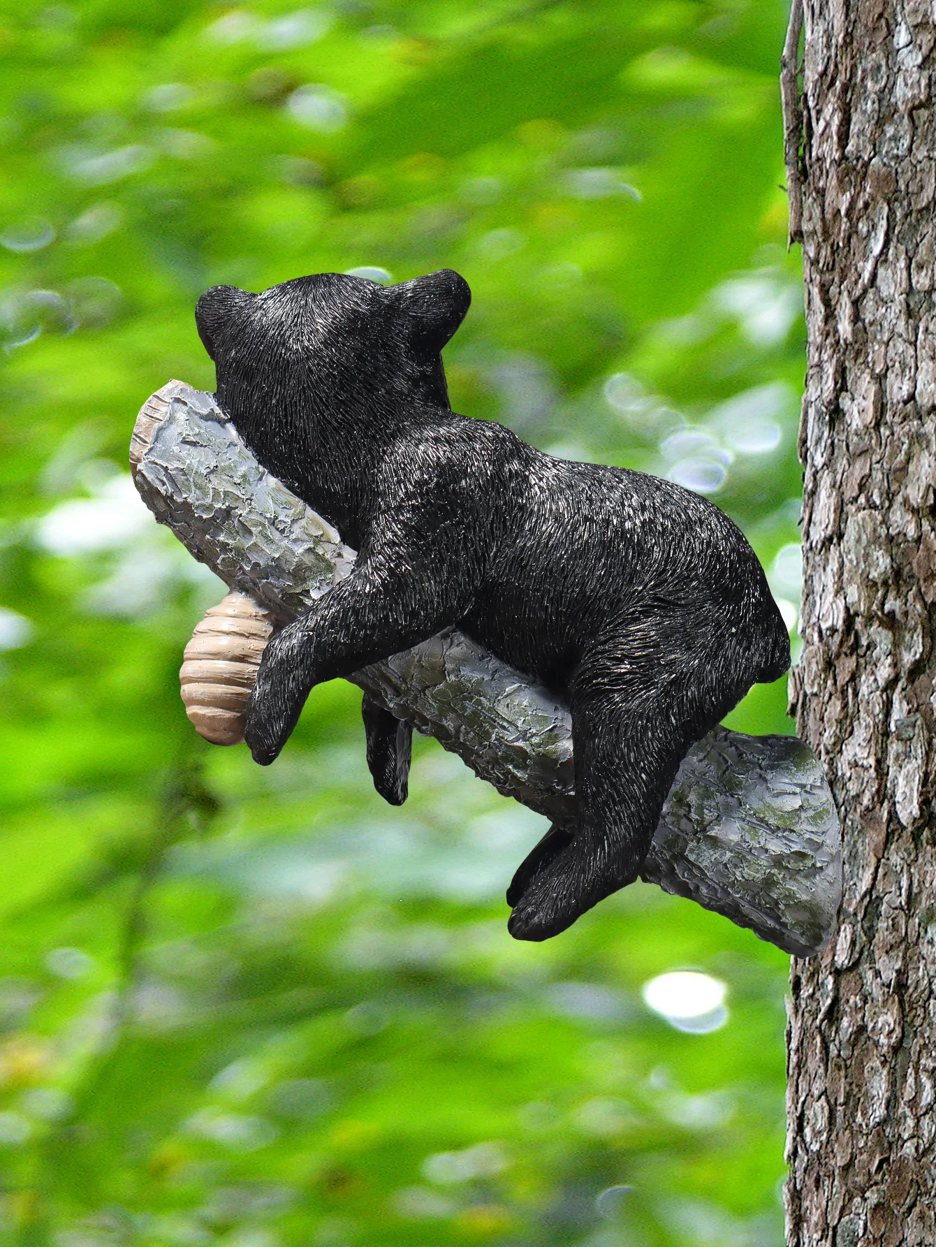 Whimsical Black Bear Cub Tree Hanging Decor, Resin Bear on Branch Figurine, Outdoor Garden Yard Patio Home Art Ornament