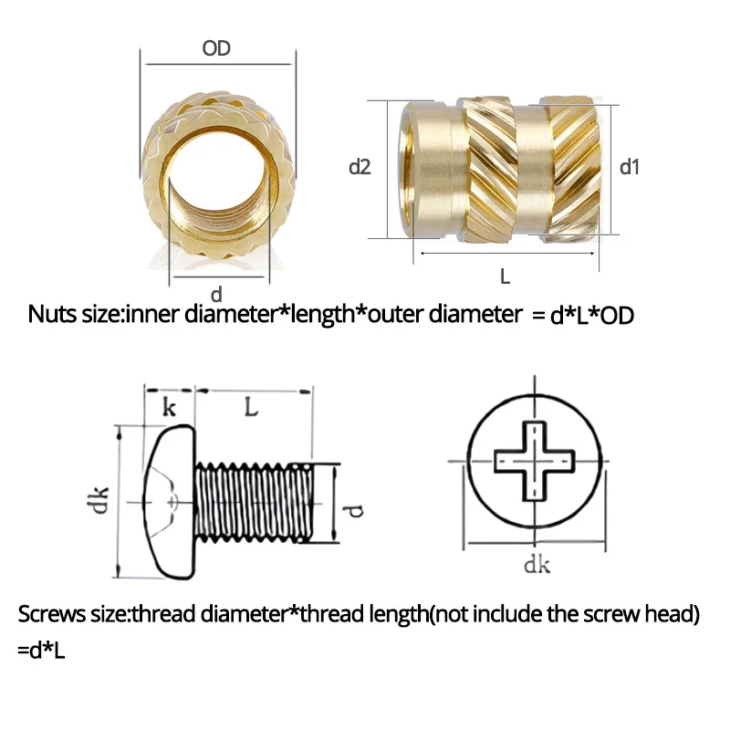 M1.4 M1.6 M2 M2.5 Brass Insert Nut and 304 Stainless Steel Screw Set Double Twill Heat Hot Melt Knurl Embed Copper Nut Bolt Kit