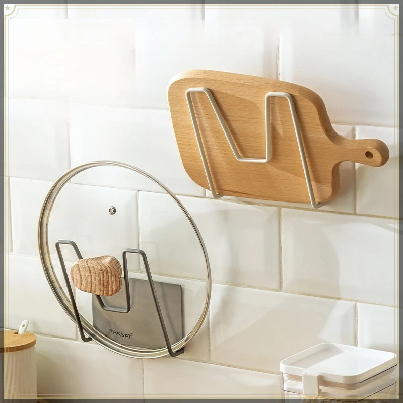 M Type Pot Lid Holder Carbon Steel Wall Mounted Punch Free Multifunctional Kitchen Organizer Rack Traceless Pan Cover Holder