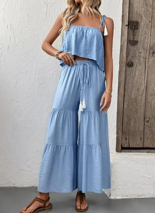 

2025 Two Piece Women's Summer Latest Y2K Fresh Style Camisole Top Wide Leg Pants Solid Color Set Two-Piece Set Summer Outfit
