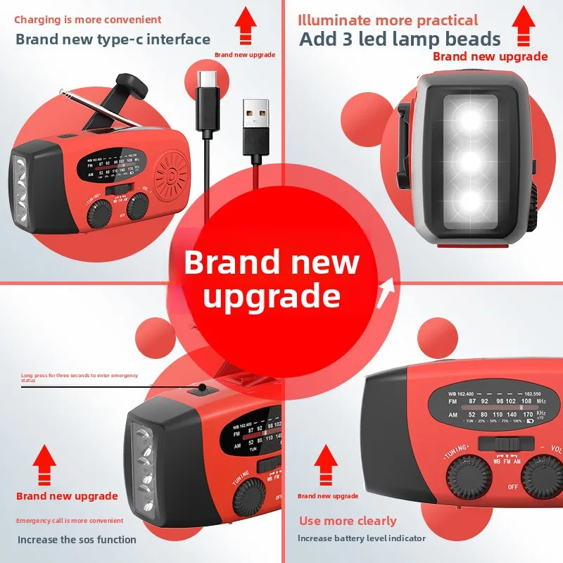 

Type-C multifunctional hand radio emergency disaster prevention SOS radio glare flashlight portable 2000 mAh solar energy