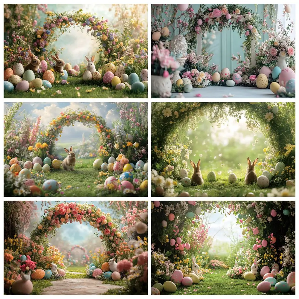 

Easter Photography Backdrop Rabbits Colorful Eggs Spring Nature Scenery Arch Flowers Kids Birthday Party Photo Background Decor