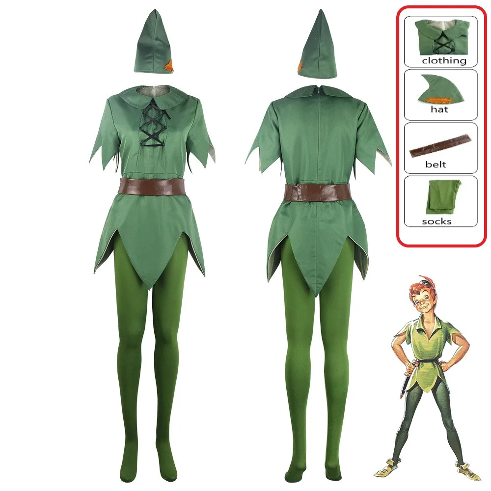 

Peter Pan Cosplay Costume Movie PeterPan Green Elf Cloth Suit with Hat Uniform Adult Children Halloween Carnival Party Costume