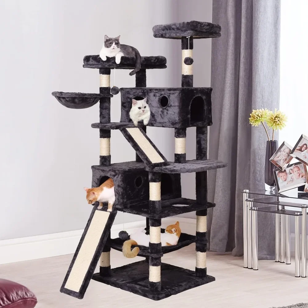 

Cat Tree 70.1 in Multi Level Cat Scratching Post with Condos Ladders Basket Hammock and Plush Perches for Cat Free Delivery