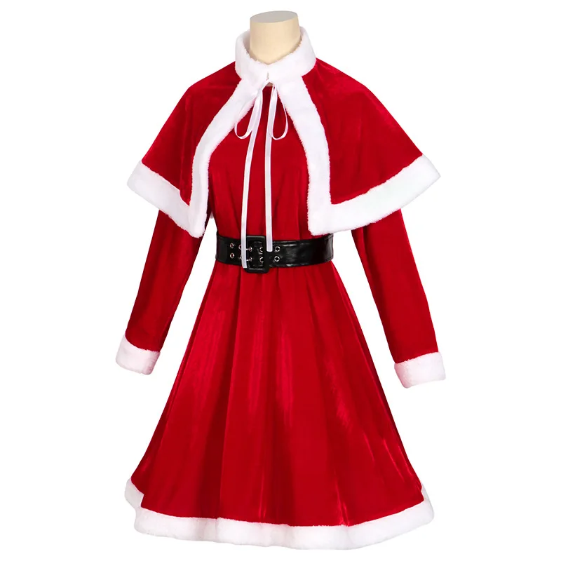 Christmas Party Adult Women Cosplay Dress Cape Shawls Santa Costume Red Velvet Cute XMas New Year Party Dress Christmas Outfit