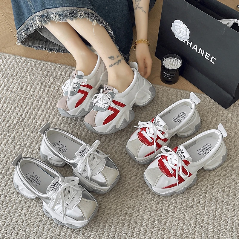Women Walking Sneakers Spring Autumn Lace-up High Platform Chunky Shallow Loafers Breathable Leather Wedge Heels Casual Shoes