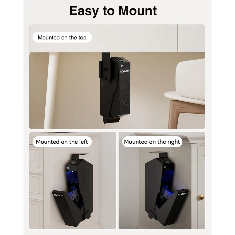 Gun Safe, Mounted Biometric Pistol Safe Drop Down Gun Lock Box for Handgun with 3 Ways Quick Access Bedside Pistol Case for Nigh