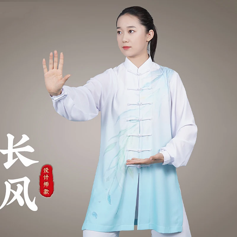 Pearl Chiffon Tai Chi Suit, Women's Long Style Printed All-Season Performance & Practice Wear, Chinese Style