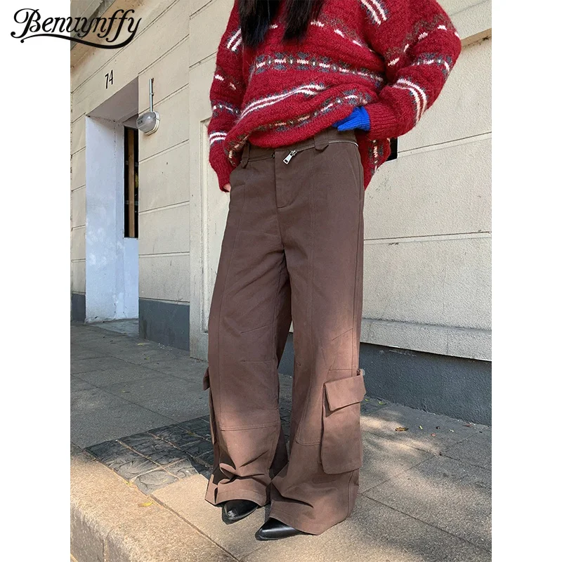 

Брюки карго Benuynffy в американском винтажном стиле, свободные, женские, осень-зима 2026, новые, с карманами на молнии, повседневные, Y2K, хлопковые, широкие штанины