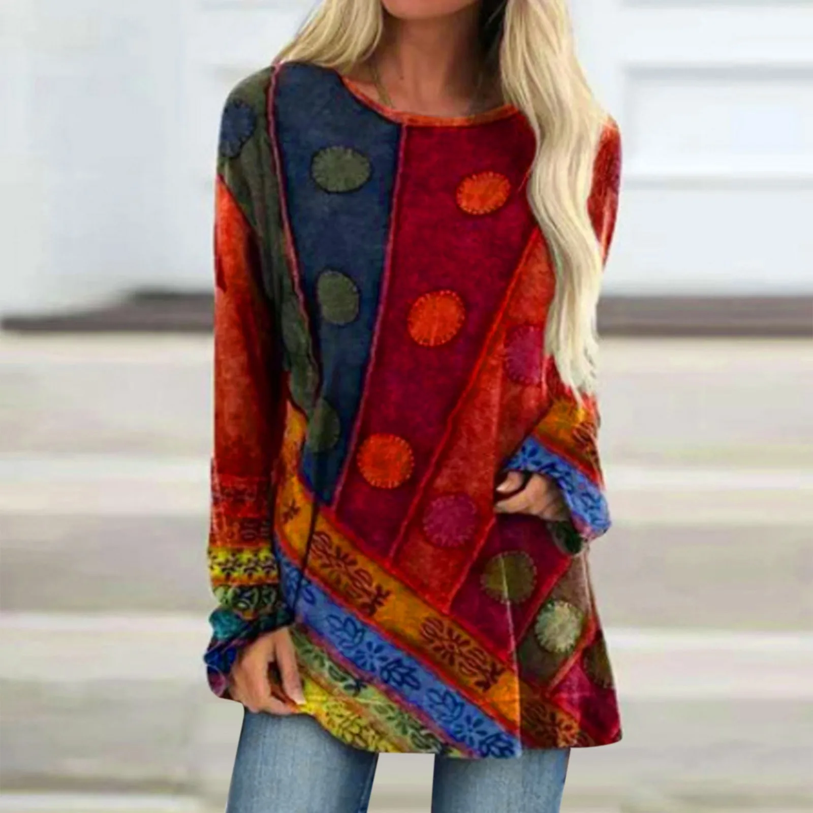 

Women Vintage Print Casual Blouses Round Neck Loose Long Sleeves Shirts Ladies Oversize Retro Pullover Shirts Blusas Para Mujer