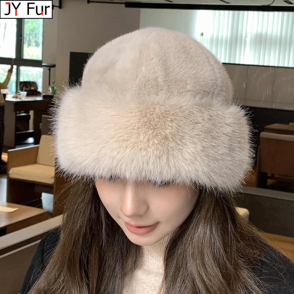 

Super Soft Women Winter Hat Cotton Lining Warm Russian Fashion Ski Beanies Plush Solid Color New Style Fake Fox mink Fur Hats