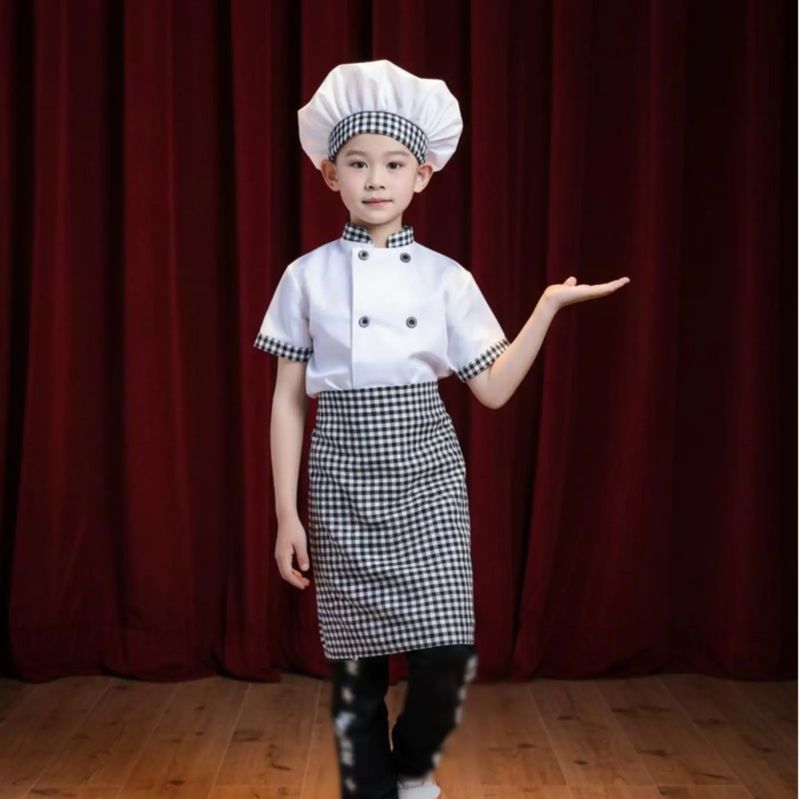 3 Pieces Kids Chef Costume Double Breasted Jacket Children's Cook Uniform Kids Baker Costume Gingham Trim for School Plays view 4