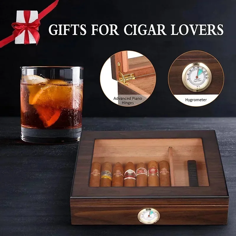 

New Glass Cigar Humidor Made Humidor 20-25 For - Solid Spanish Cigars With Humidifier Of Accessories Top Hygrometer Cedar