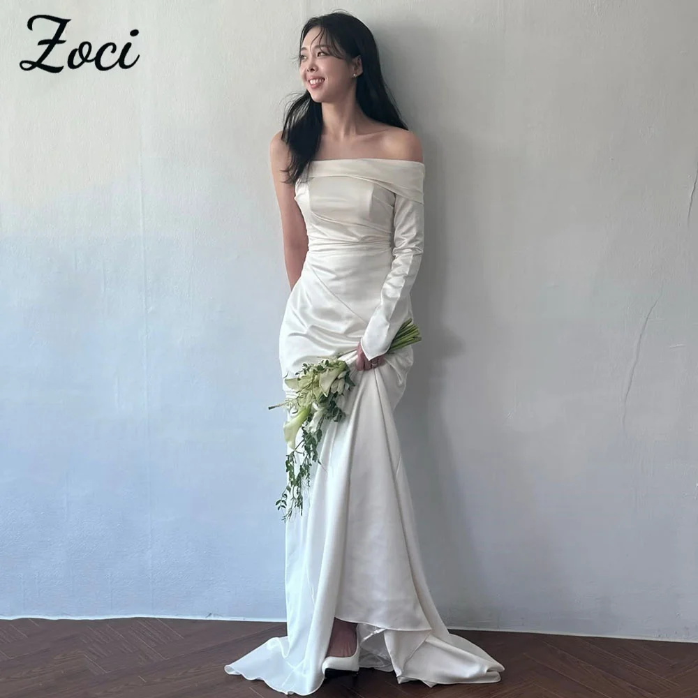 Zoci Elegant Mermaid Korea Wedding Dresses One Shoulder Long Sleeves Customized Bridal Gown Photos Shoot Silk Satin Party Dress