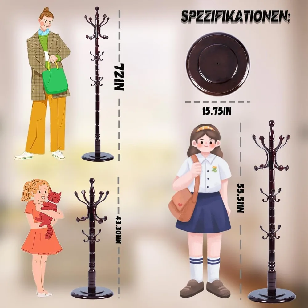 رف معطف شجرة قائم بذاته بارتفاع قابل للتعديل للمنزل وغرفة النوم - قاعدة خشبية مستديرة ثابتة