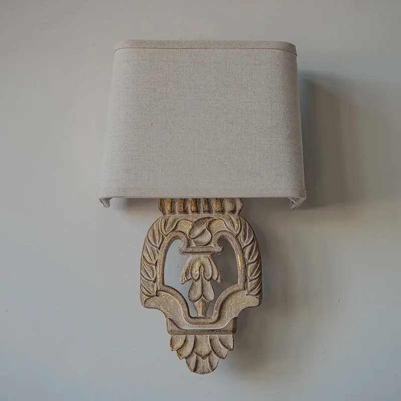

American country wood wall lamp simple fabric bedroom bedside lamp French pastoral retro corridor staircase lamp exit
