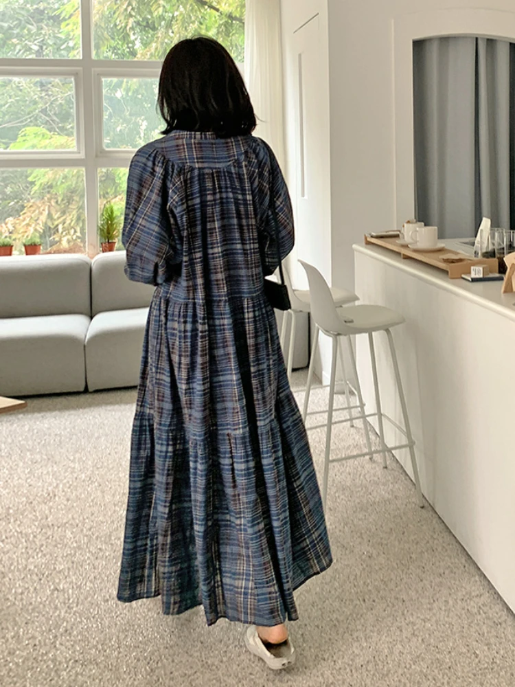 Women\'s Casual Oversized Plaid Long Shirt Dress Spring V Neck Full Sleeve Maxi Dresses Loose Waisted