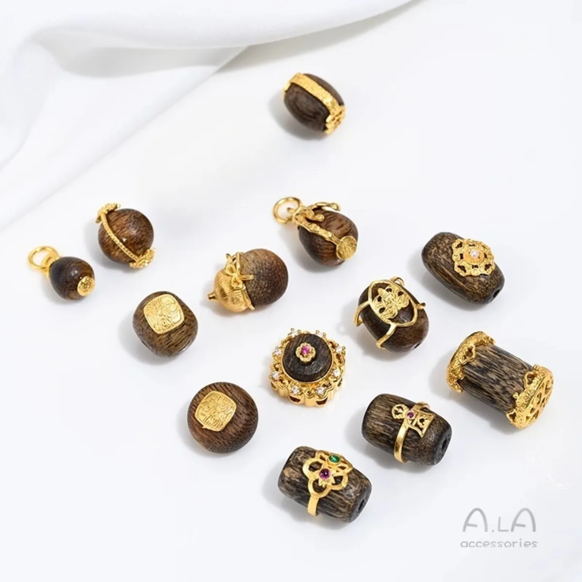 Brass 24K Gold Tone Barrel Water Drop Spacer Beads Pendants DIY Agarwood Bracelet Jewelry Findings