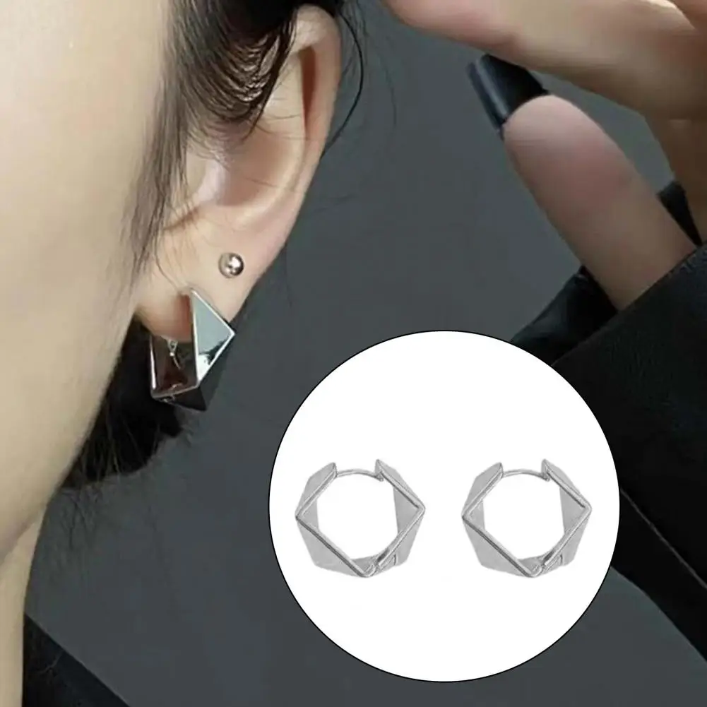 Bright Comfortable Earrings Fine Workmanship Earrings 1 Pair Thick Geometric Rhombus Hoop Earrings Small Statement for Women