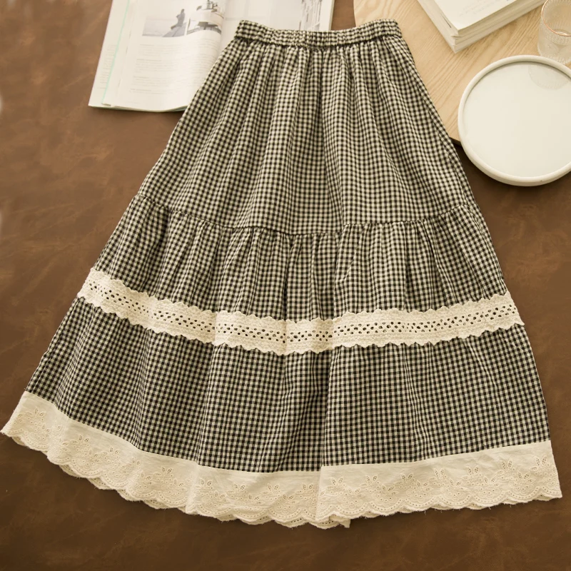 

Japanese Vintage Mori Girl Plaid Lace Hollow Out Patchwork Cotton Skirts Women Summer Elastci Waist Casual Loose A-Line Skirts