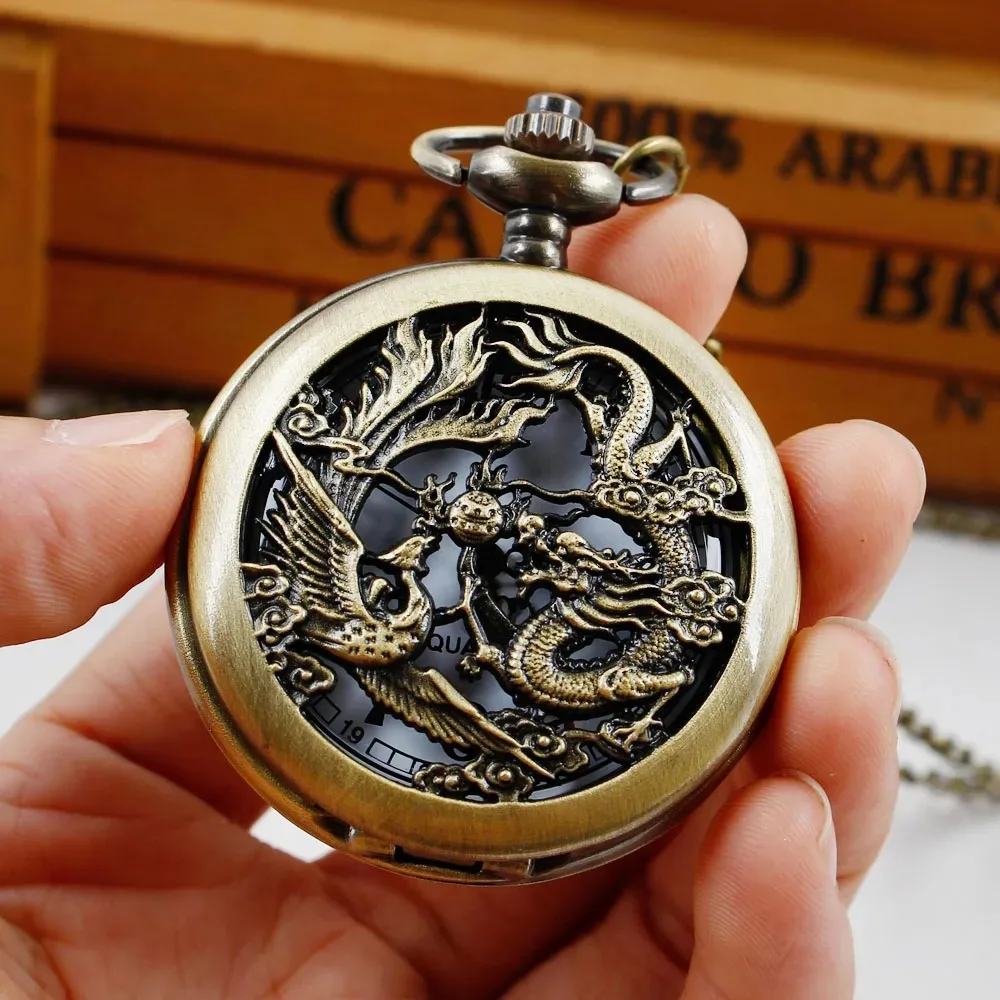 Vintage Hollow Dragon Quartz Pocket Watch Fashion Charm Silver Bag Man Woman Watch Necklace Pendant With Chain Gift