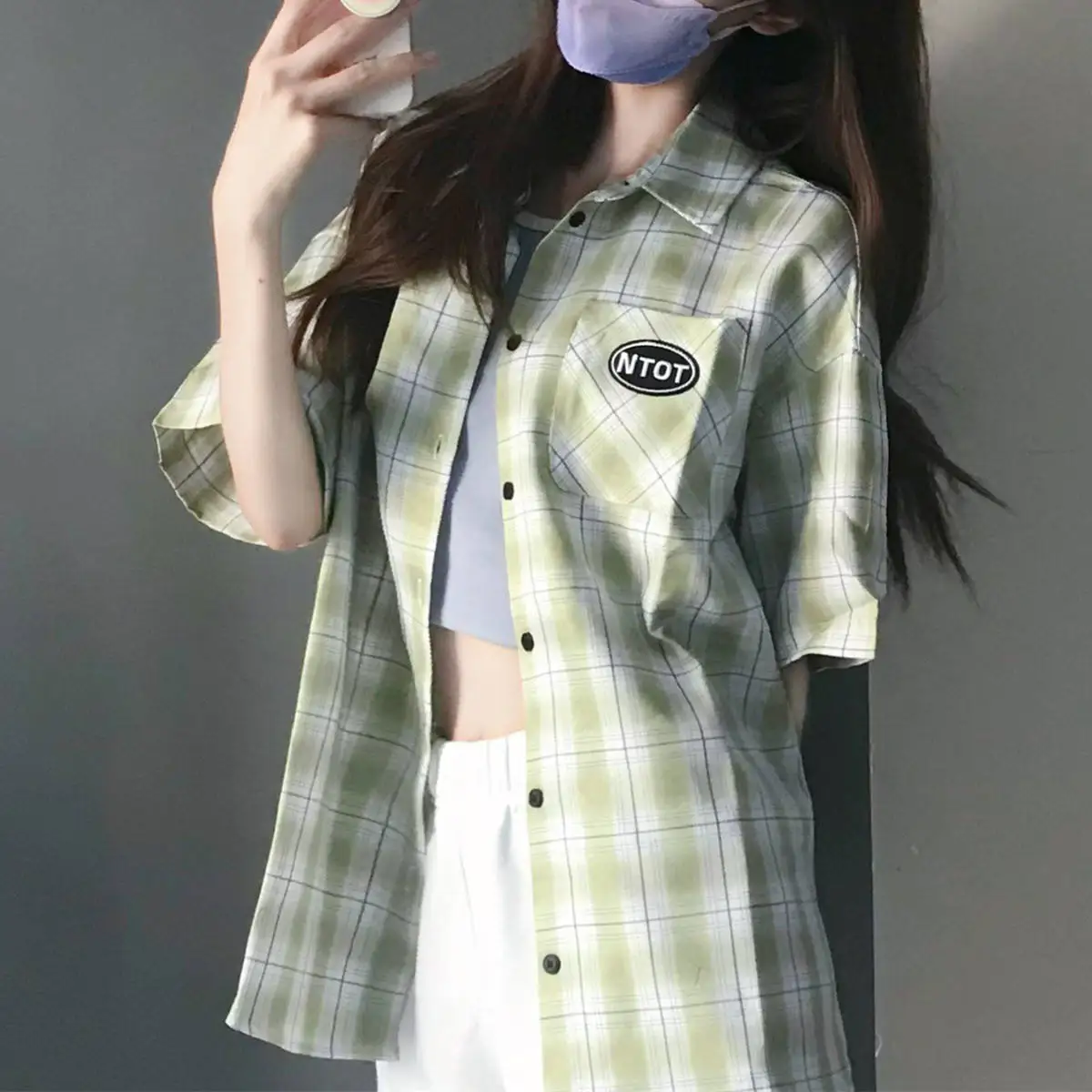 

Summer New Design Loose Long Sleeve Women's Shirt Green Plaid Short Sleeve Casual Style Polyester Fabric Printed Top