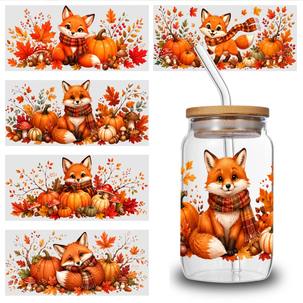 5 Sheets Autumn Fox Pattern UV DTF Stickers Plastic Self-Adhesive Labels for 16 oz Tumbler Waterproof Rub on Transfers