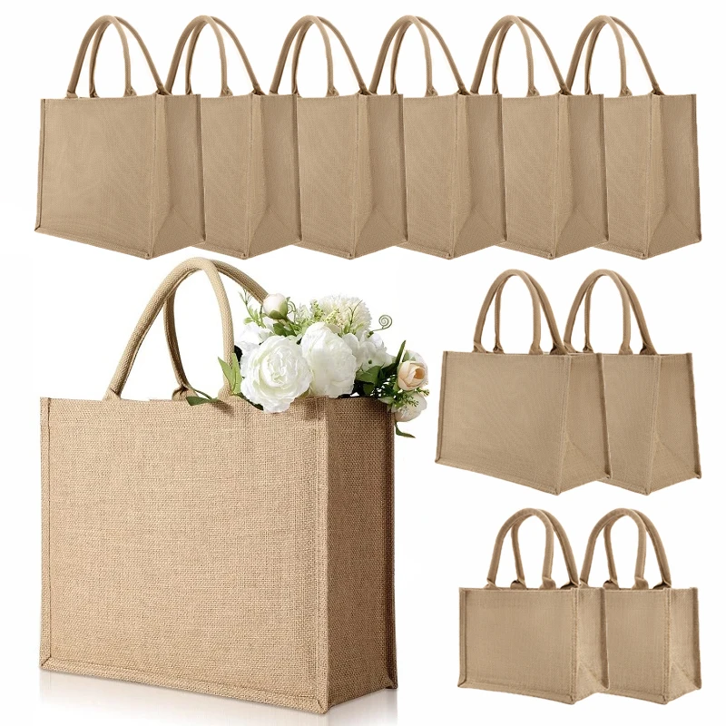 3/6/10Pcs Wedding Burlap Gift Bag with Handle Burlap Tote Bag DIY Pattern for Wedding Invitate Party Baby Shower Bridesmaid Gift