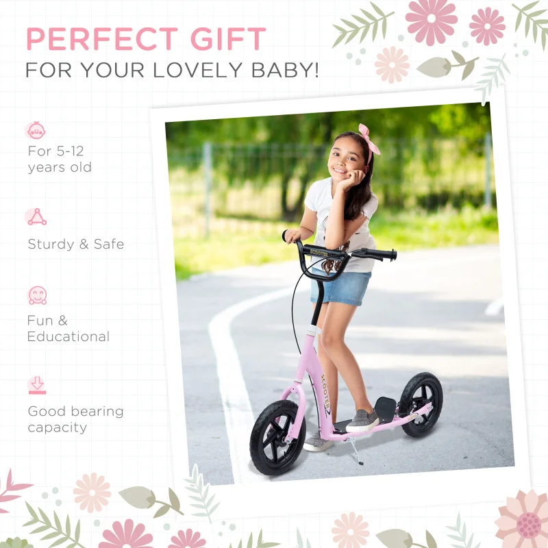 

Kids Outdoor Pink Kick Scooter Adjustable Height Handlebar Big Wheels Non-Slip Footplate Rear Brake Safe Toy