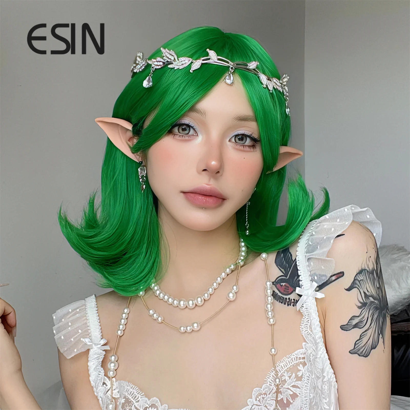 

ESIN Synthetic Green Wavy Bob Wigs Medium Long Loose Body Wave Wig with Bangs Cosplay Daily Natural Wigs for Women