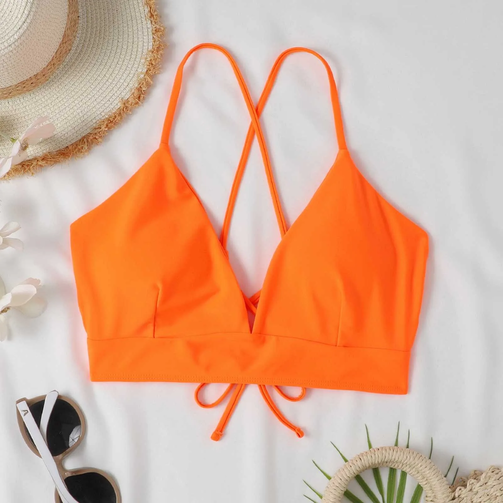 New Orange Split Swimsuit Single Top Ladies Lace Up Backless Bra Beach Swimming Wear For Fine Woman купальник женский 2024