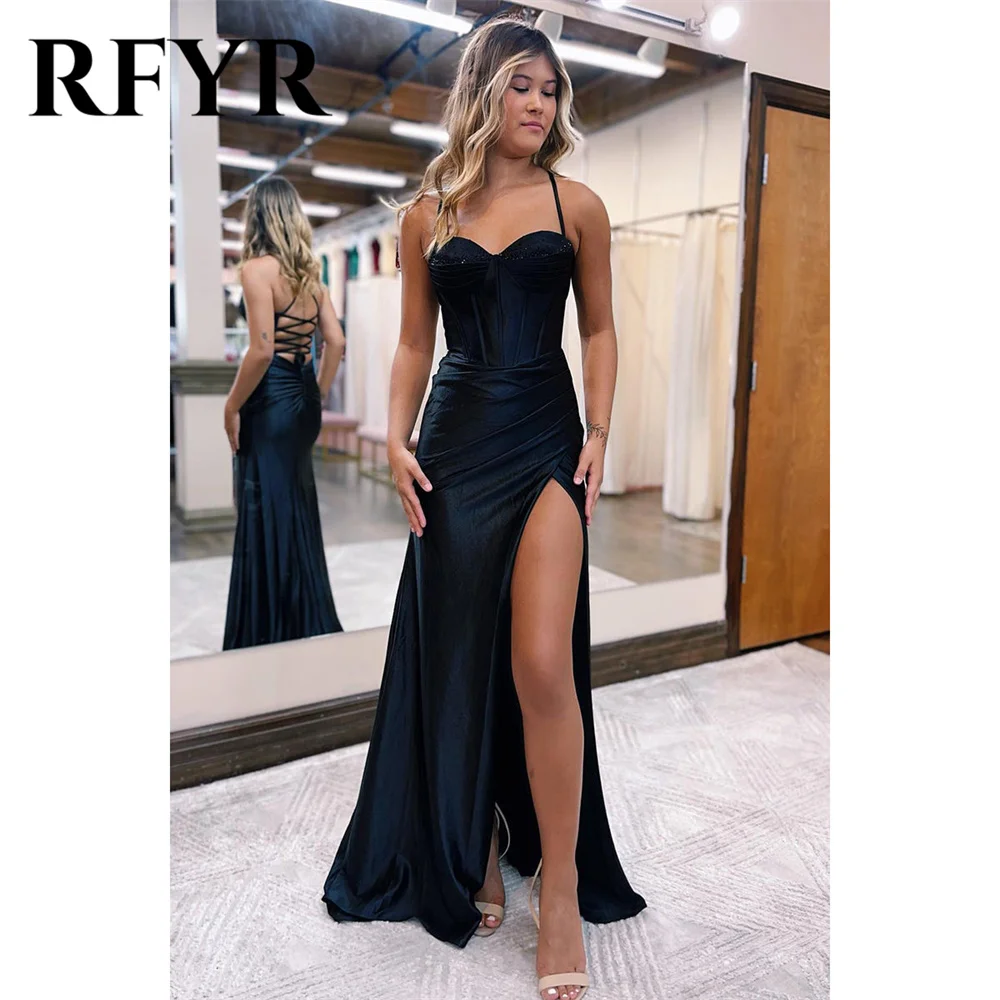 

RFYR Black Prom Dress Sweetheart Satin Evening Dresses Rope Strap Waist Cross Detall Pleated 프롬드레스 Sexy Side Split Party Dress