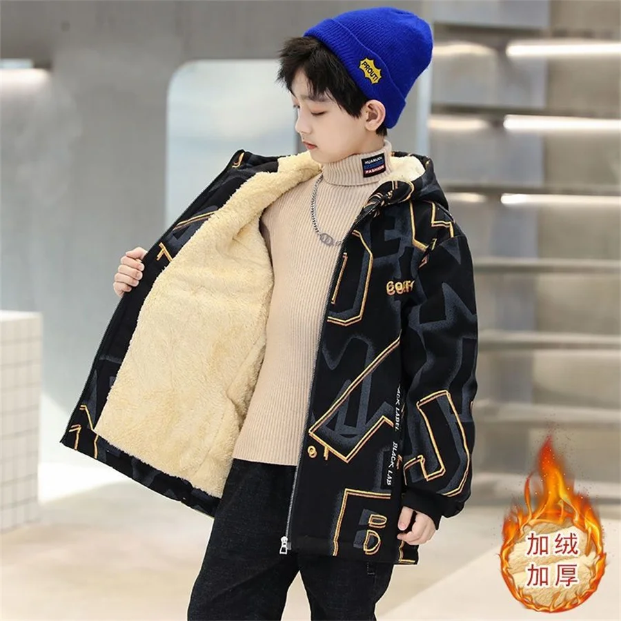 4 6 8 10 12 14 Years Big Boys Jacket Autumn Winter Thicken Warm Teenager Kids Jackets Fashion Long Style Zipper Hooded Boys Coat