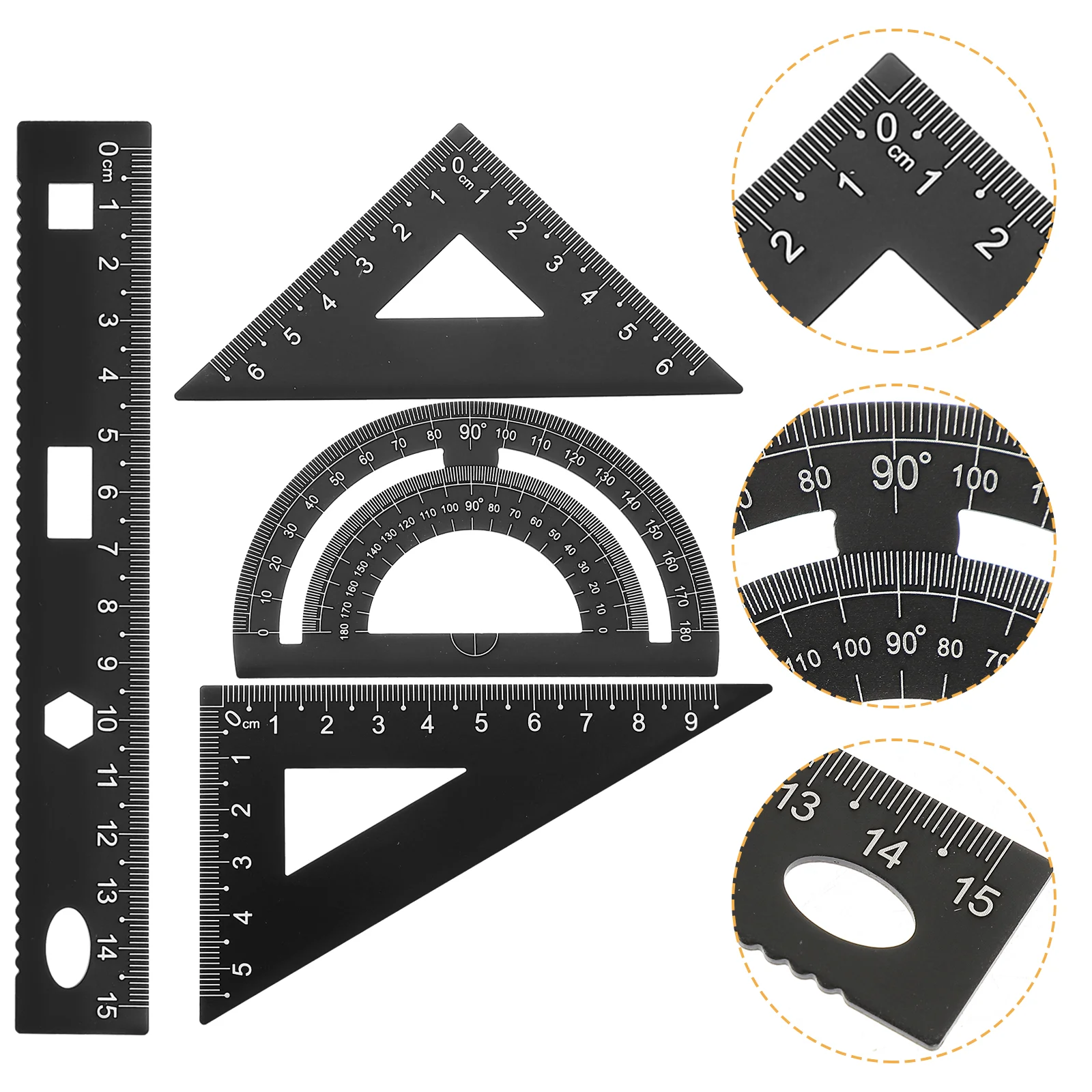 Triangular Régua de metal Papelaria Set para estudantes, preto, escritório, placa, transferidor, testes, DIY, resistente