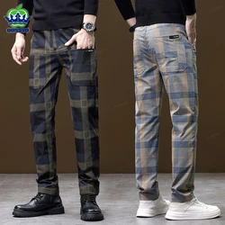 Spring Autumn Luxury Plaid Check Pattern Casual Pants Men Business Elastic Waist Slim Fit Korean Pocket Long Trousers Male