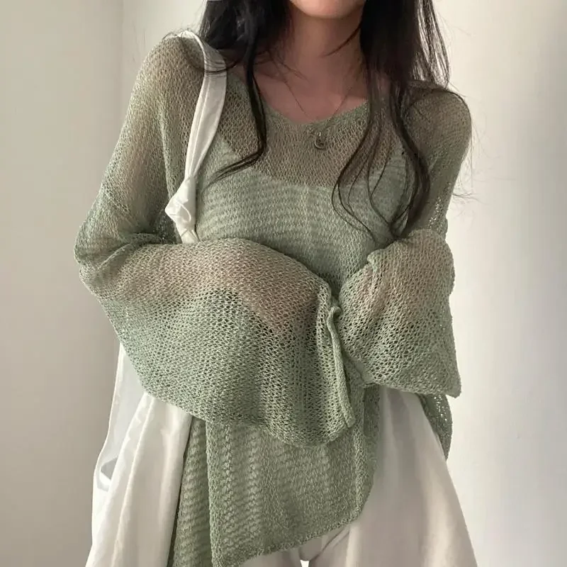 Pull coréen ajouré à manches longues pour femme, haut tricoté avec protection solaire irrégulière, ample, Y2k, été, fin et transparent