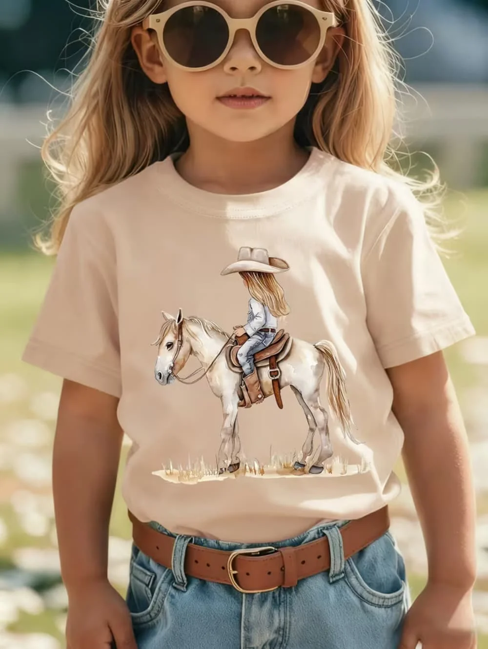 T-shirt pour fille à imprimé 3D motif vache et cheval, style western, haut décontracté pour festival, vêtement d'été à manches courtes pour enfants, idéal pour l'extérieur
