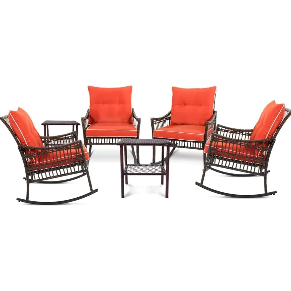 

6-Piece Patio Furniture Set,Outdoor Rocking Chairs Set of 2, Patio Conversation with 4 Wicker Chairs with 2 Coffee Tables and Cu