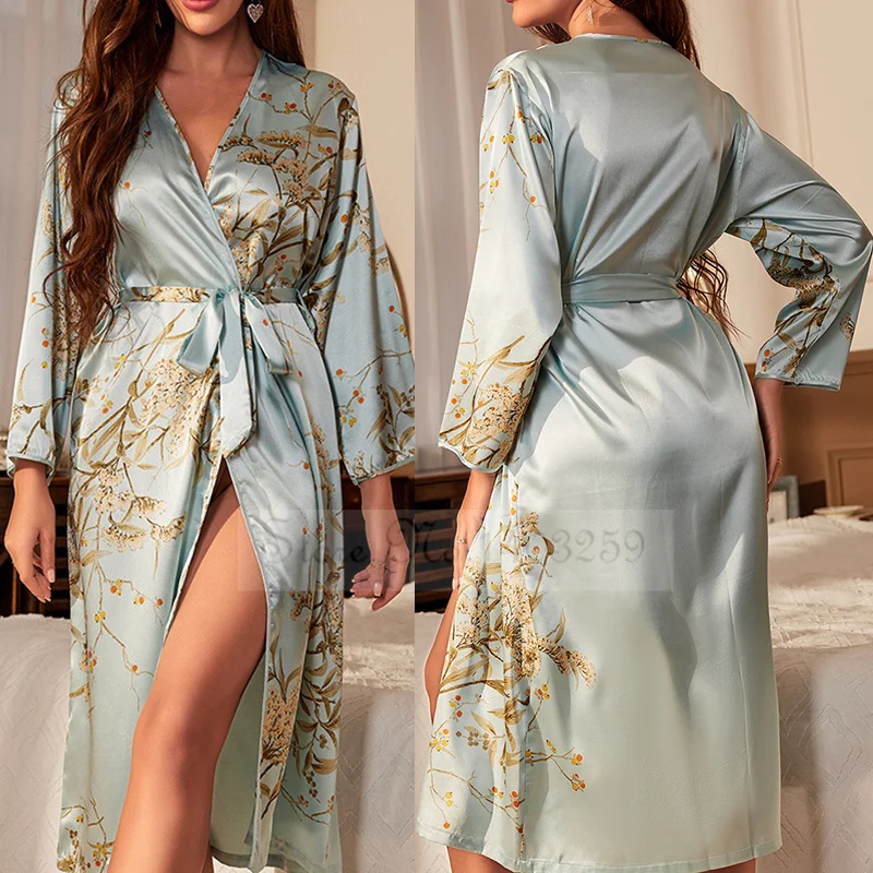 Spring Summer Long Robe Loose Home Wear Print Flower Cherry Kimono Bathrobe Gown Female Sleepwear Satin Nightwear Nightdress