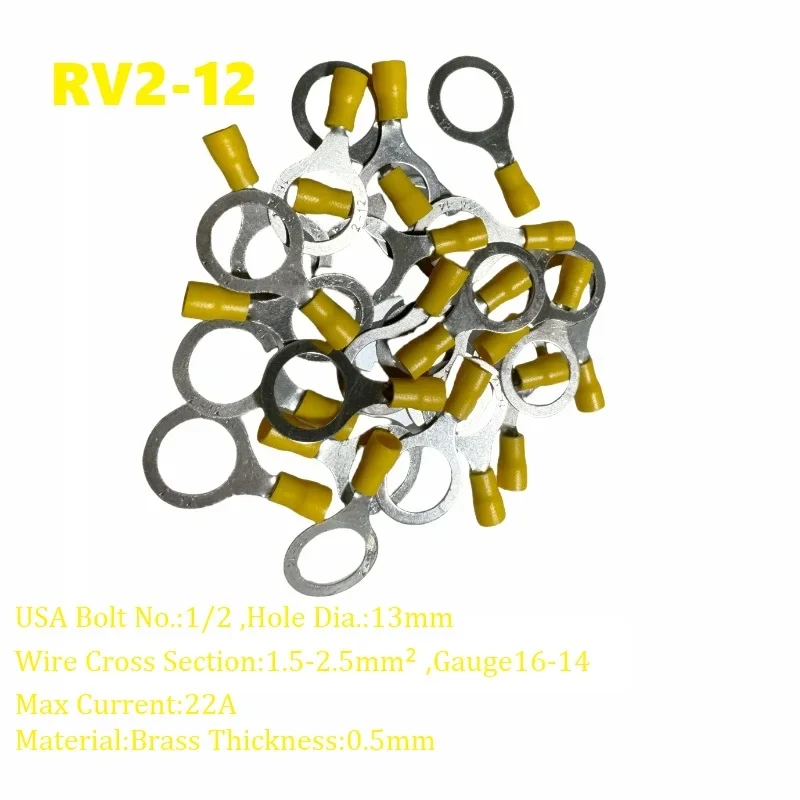 RV2-12 Per 20Pcs Wire Insert 1.5-2.5mm² Crimp Terminal  AWG16-14 Insulated Ring Terminal Tubular Cable Lug Starfix Connector