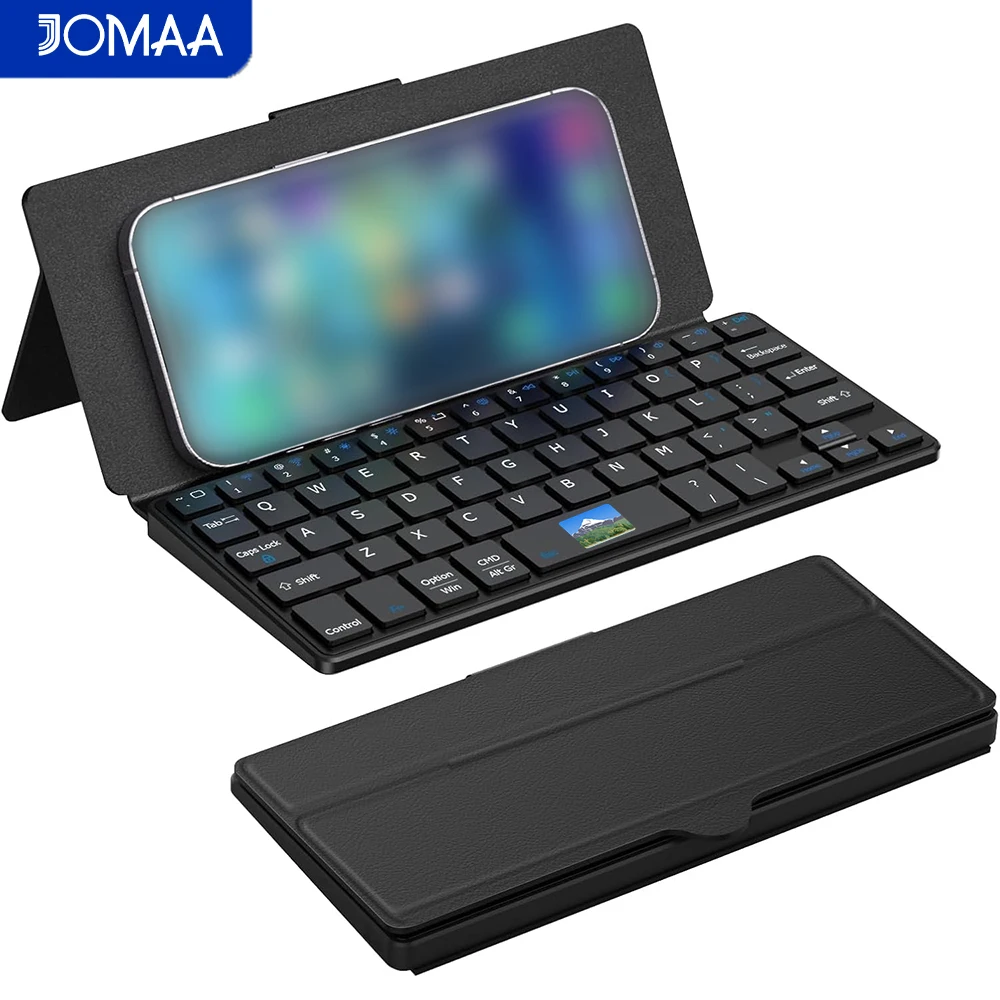 Teclado Sem Fio Bluetooth Recarregável com Suporte de Couro Dobrável, Teclado Portátil de 59 Teclas para Viagem, Compatível com Win/Android/Mac OS