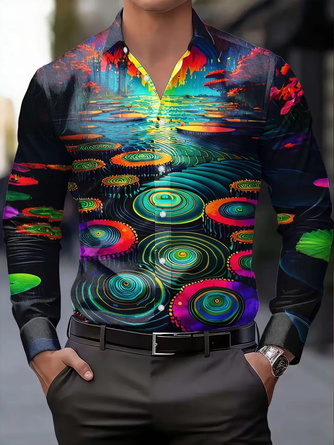 

New Sun Black Panther Art Printed Men's Long Sleeve Shirt Retro Light Luxury Style Slimming Casual Shirt